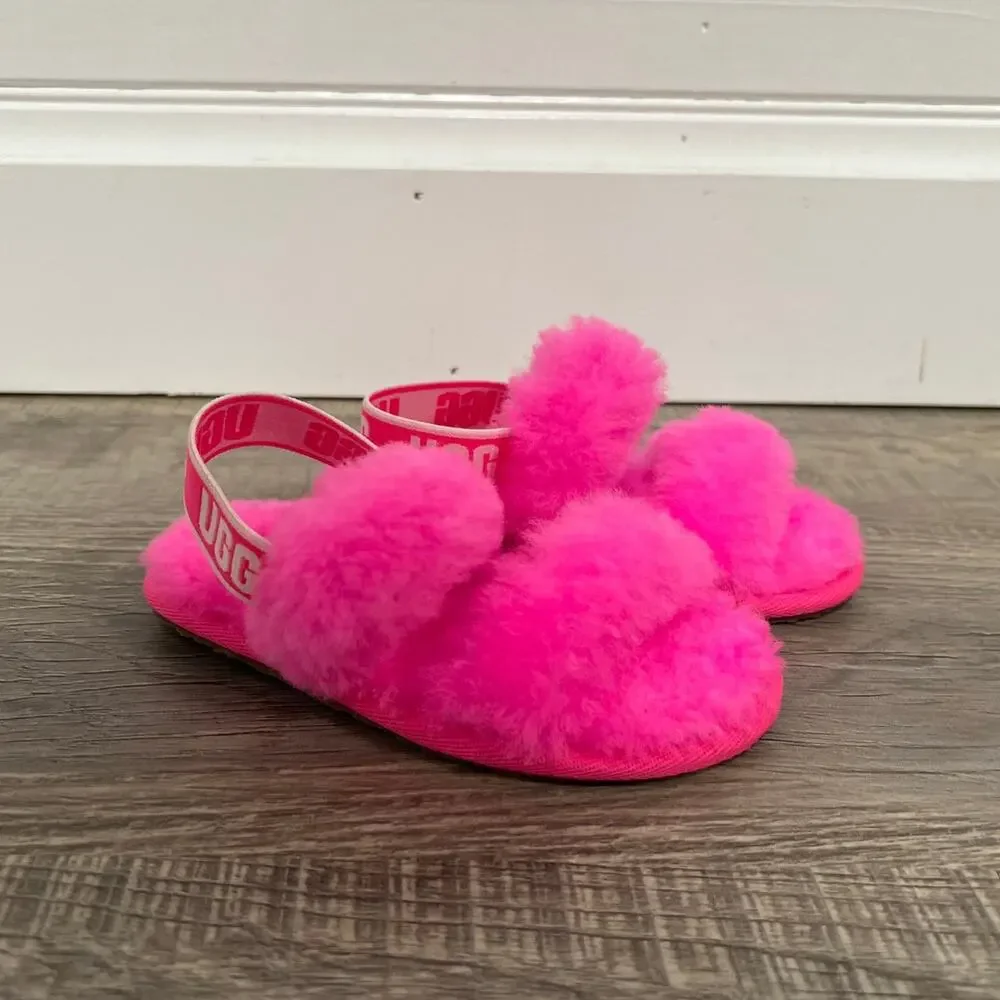 NEW‎ UGG Fluff Yeah Slingback Slide Slippers Girls Size 8 Hot Pink Sheepskin
